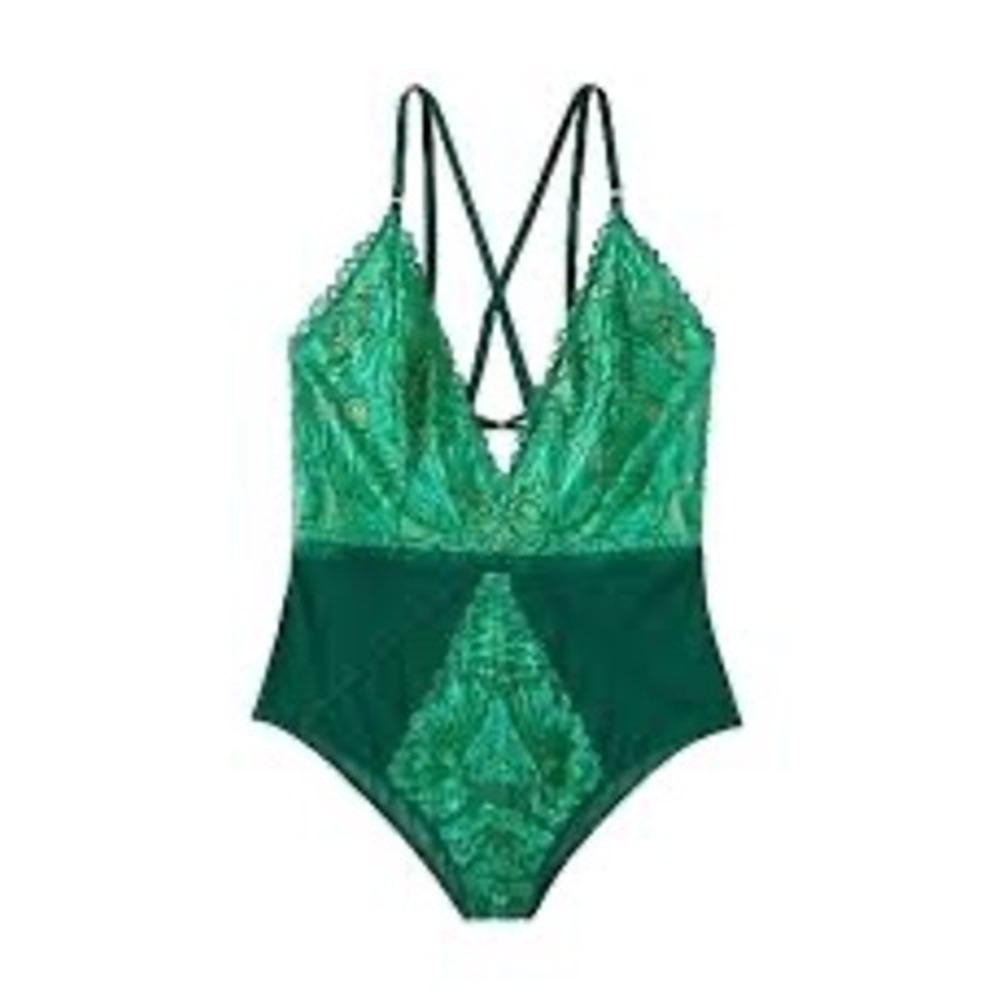 Stunning Emerald Green Lace Teddy Bodysuit Crisscross Back Small